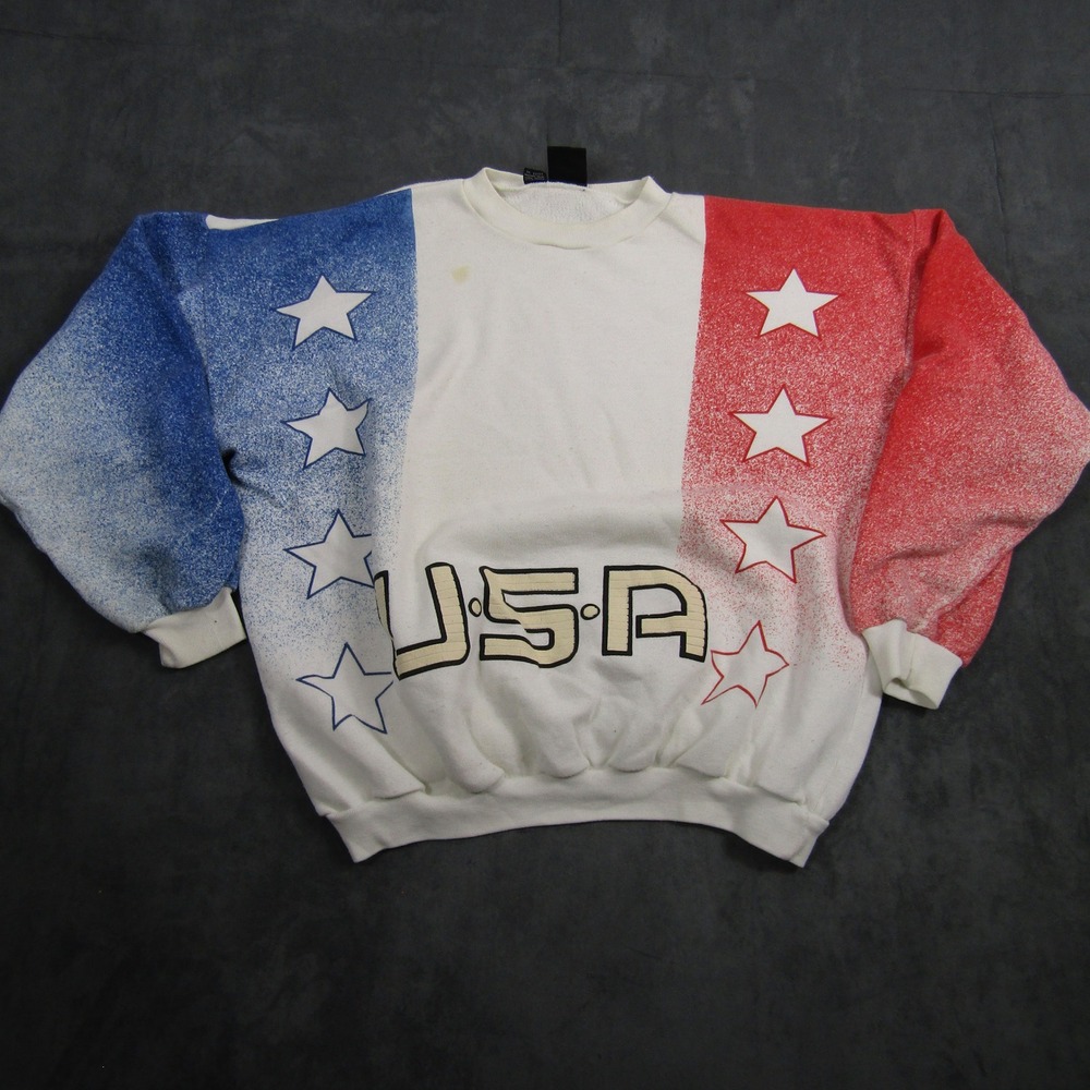 Colore USA Sweatshirt Mens L/XL White Red Blue Vintage Stars Graphic 00937